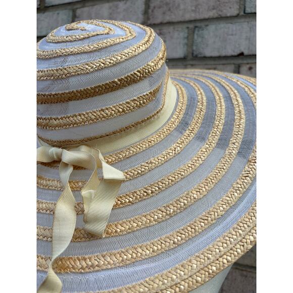 Vintage Bambergers Stripe Floppy Hat Tan Cream Ribbon Beach Cottagecore